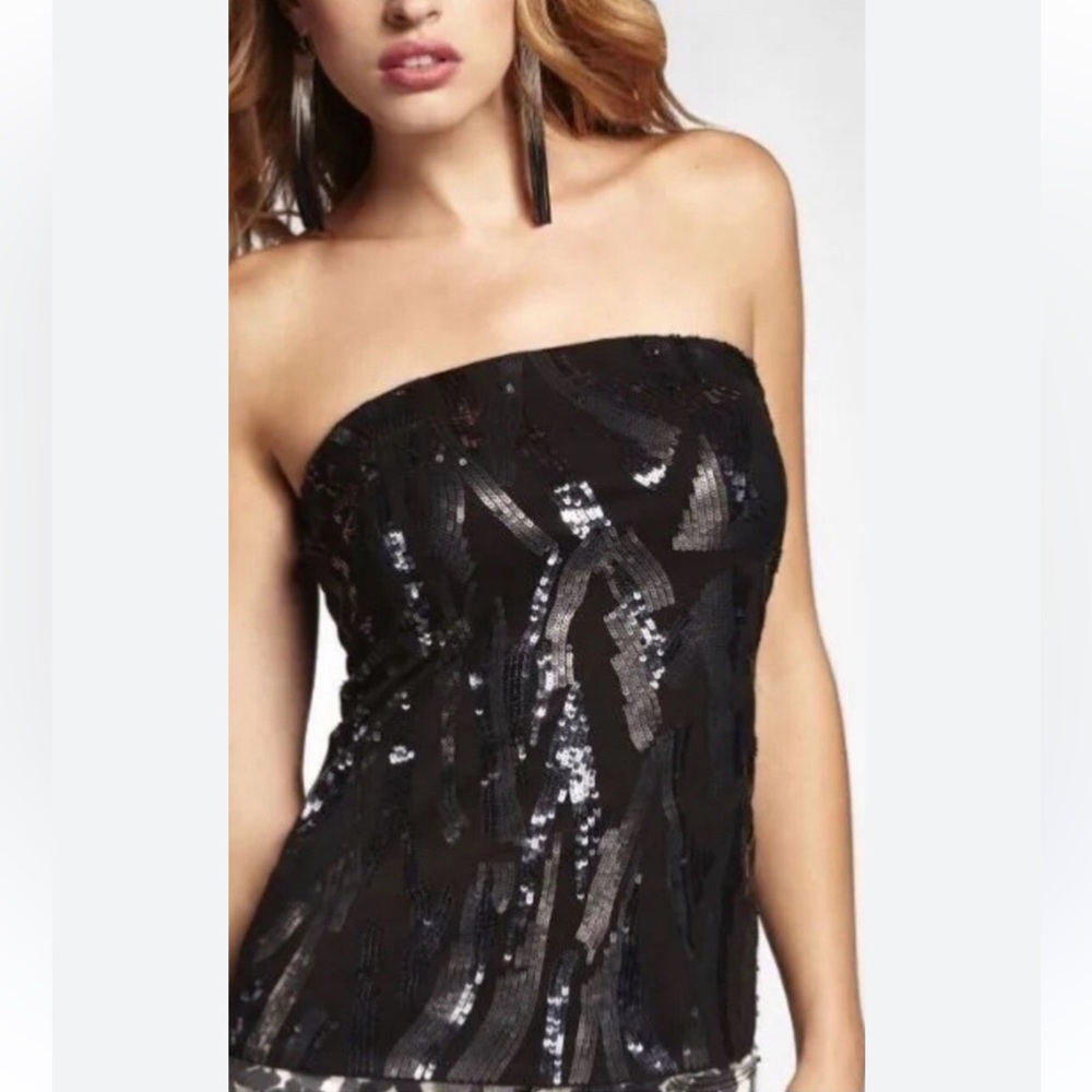 EXPRESS SEQUIN TUBE STRAPLESS BLACK PARTY TOP